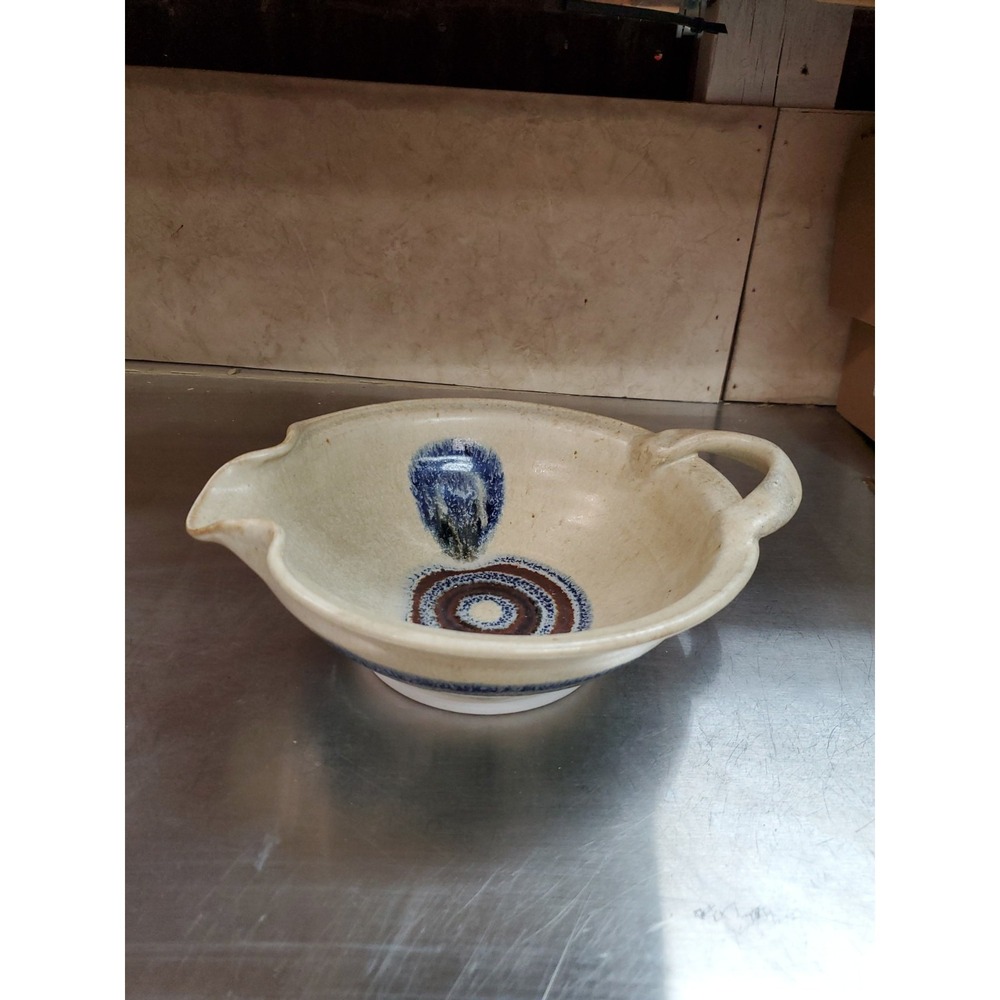Handmade Studio Art Pottery Batter Bowl with Pouring Spout & Handle Signed Blue